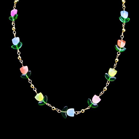 Tulip Shaped Translucent Glass Charm Necklace - Vibrant Colors, Gold Accents - Picture 1 of 7